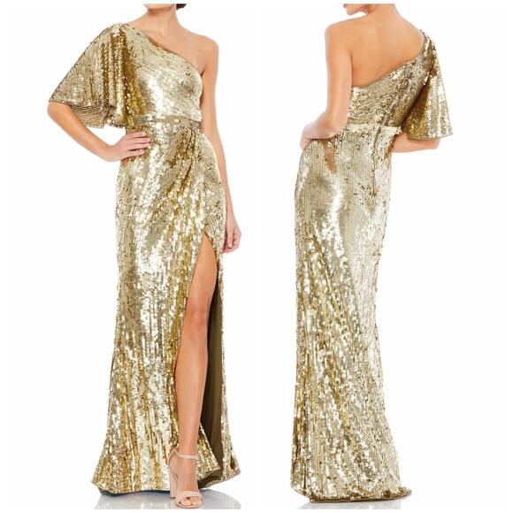 Mac Duggal NWT One Shoulder Bell Sleeve Sequin Gown Gold Size 6 Metallic Slit - Picture 1 of 11